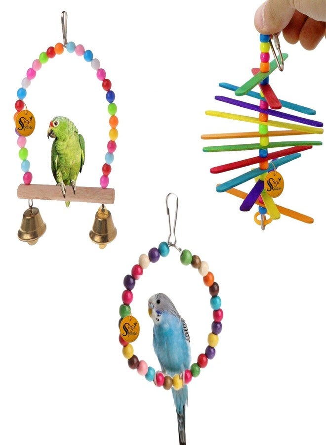 Sage Square Wooden Bird Toys Combo | Swing, Hanging Cage Toy | for Budgie, Cockatiel, Parakeet, Conure, Macaw, Parrot (Combo 23) - Image 1
